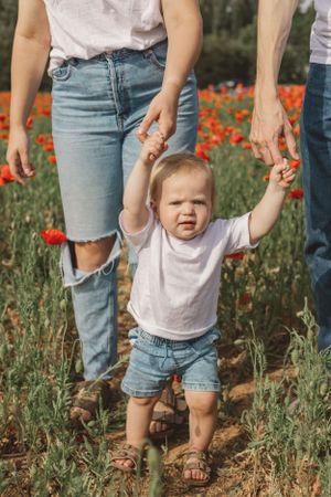 Toddler in white shirt walks through red poppy field holding parents hands on sunny day.