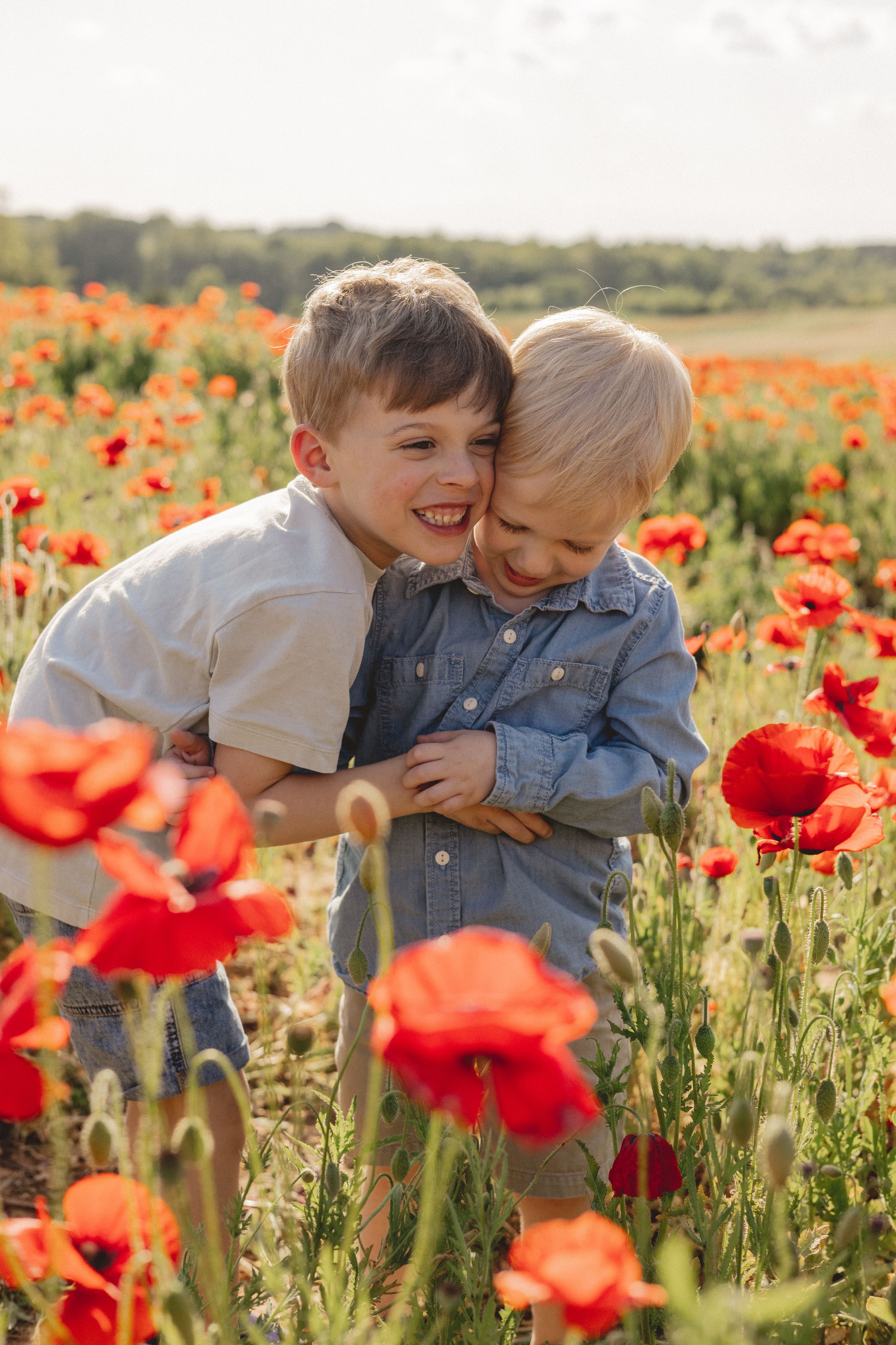 Two young brothers hugging and smiling together in a beautiful red poppy flower field.