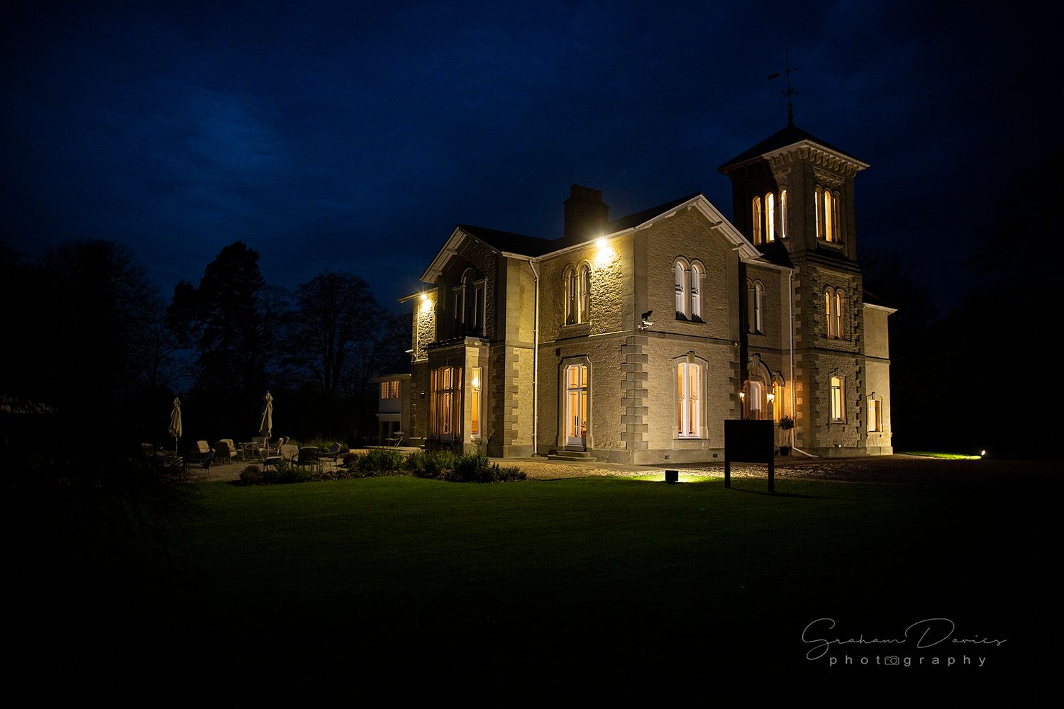 beautiful St Tewdrics House at night under the floodlights