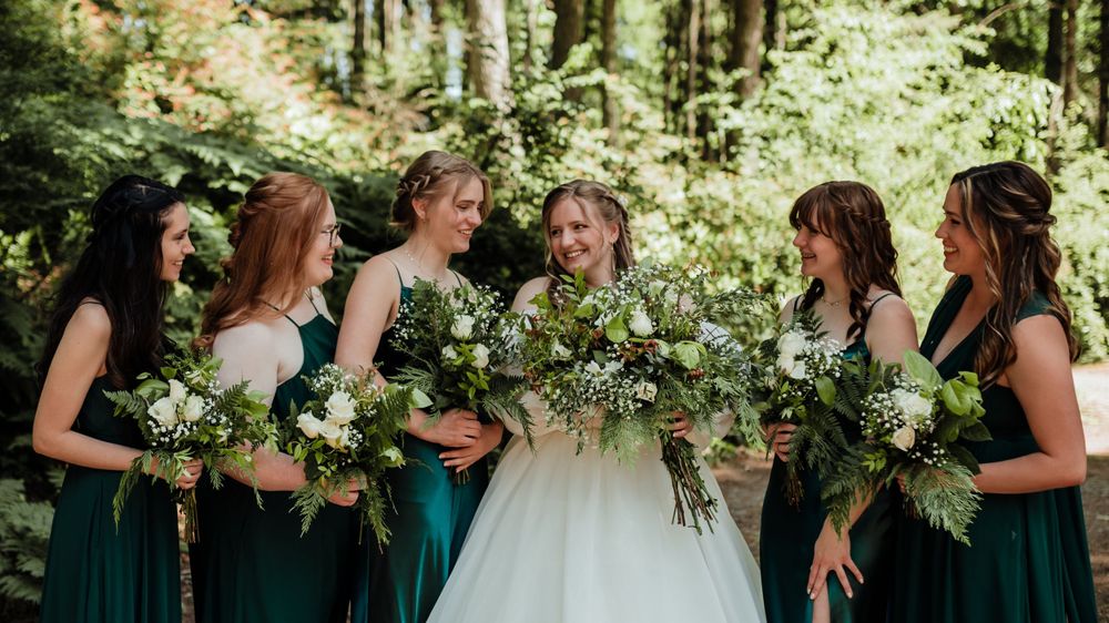 Bride and Bridesmaid Candid Photo Intimate Backyard Wedding: Olalla Washington