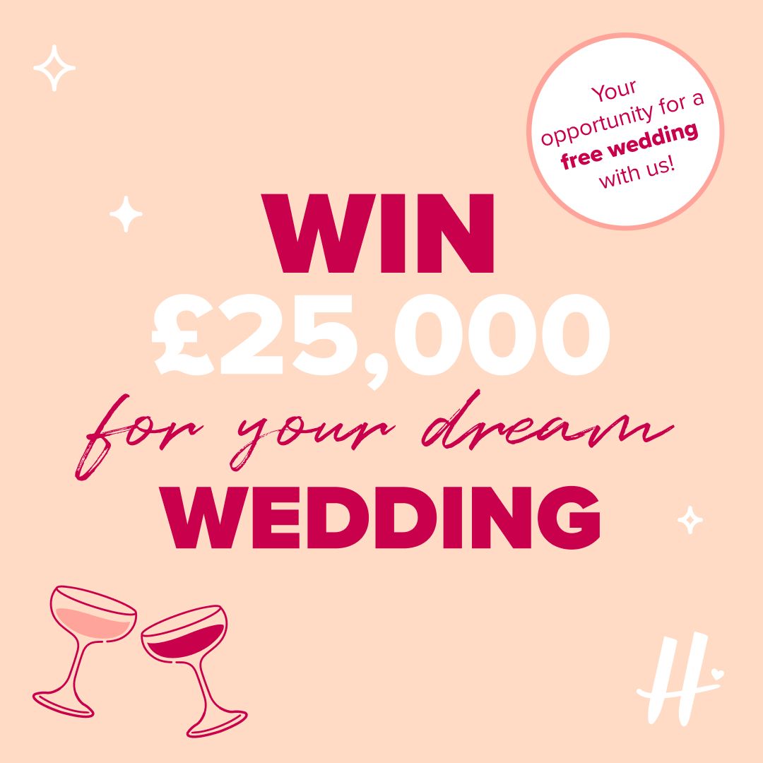 Pink promotional graphic advertising a chance to win £25,000 for a dream wedding with champagne glass icons.