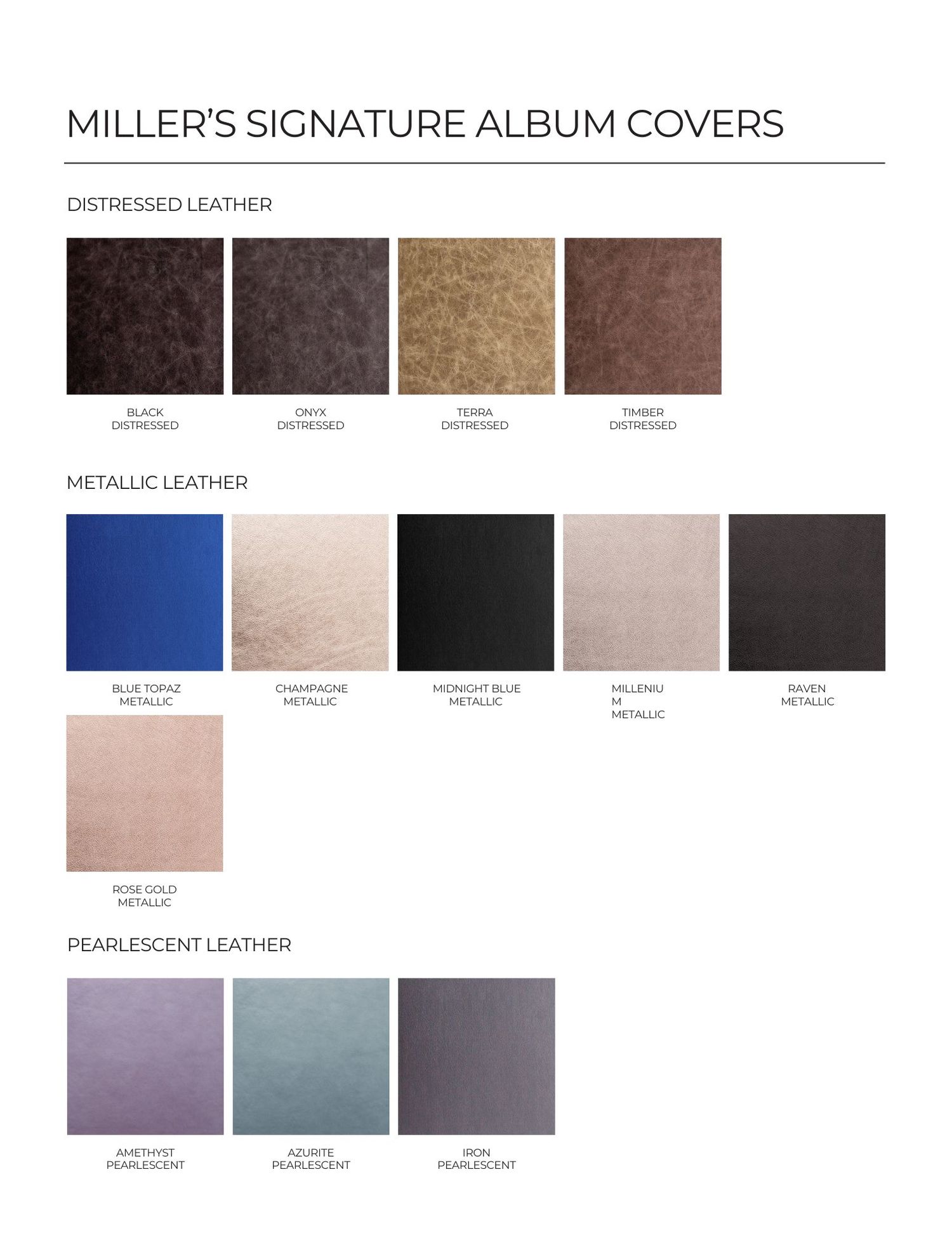 Material swatches for album covers showing distressed, metallic, and pearlescent leather textures in various colors.