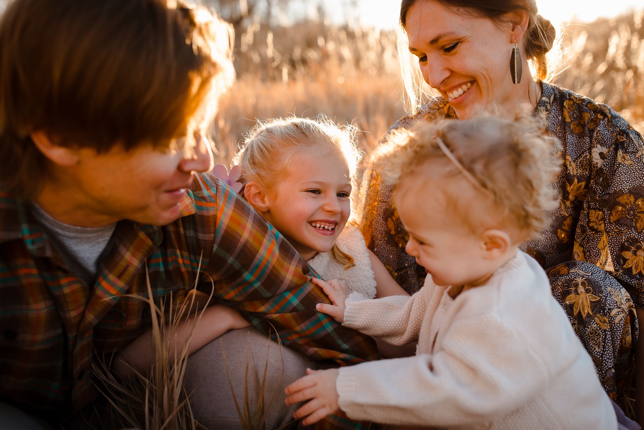 A family laughs together in boulder Colorado while golden light illuminates grasses behind them