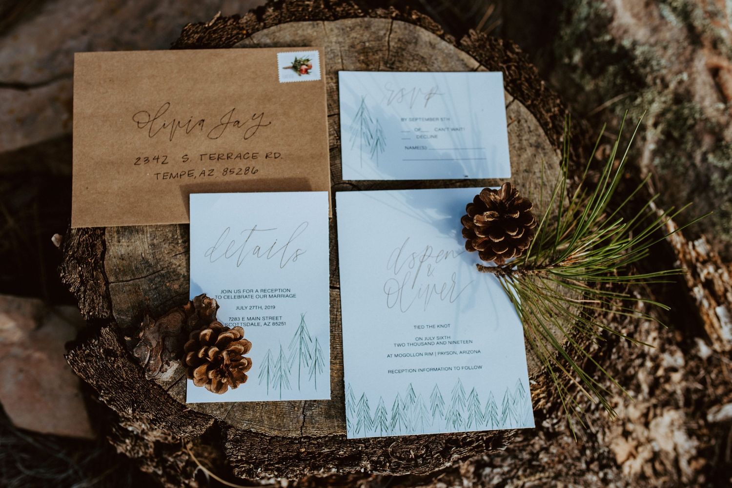 Wedding stationery suite featuring white and kraft paper with pine cone accents.