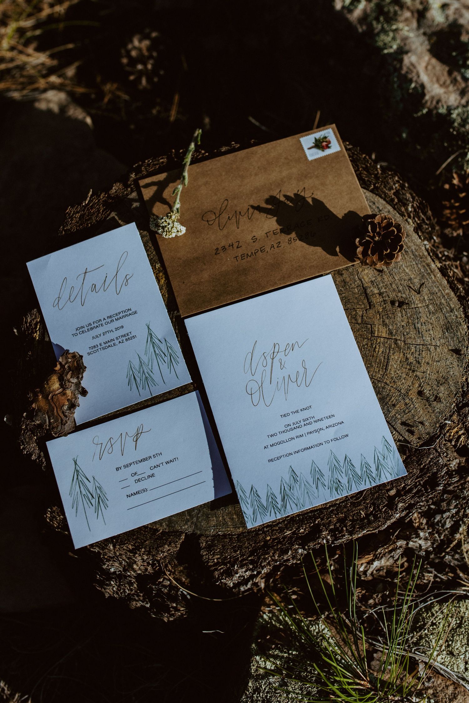 Modern wedding stationery set featuring botanical designs laid out on a wooden surface.