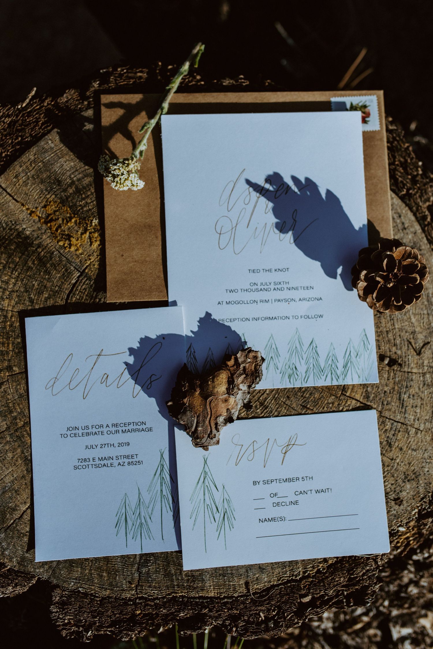 Wedding invitation suite with grass illustrations and shadows cast on wooden background.
