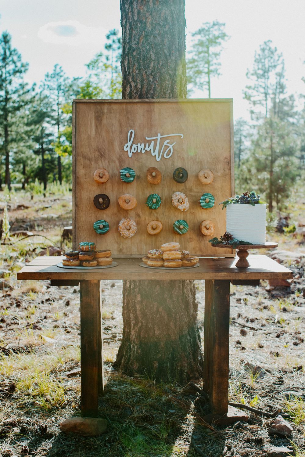 Rustic wooden donut display board mounted between trees with assorted donuts and dessert table.