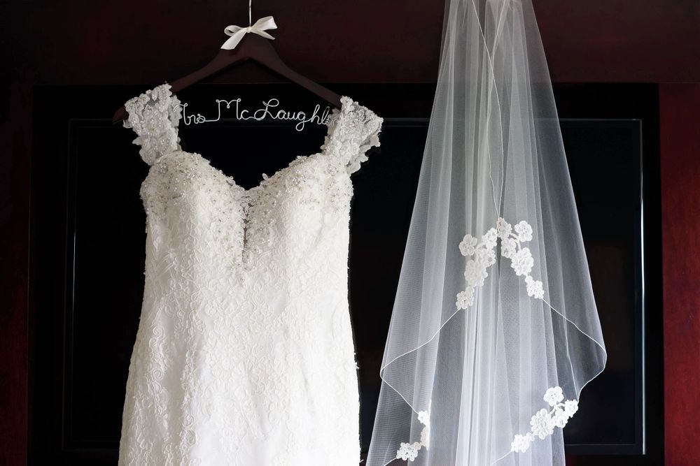 Bride's dress and veil on wedding day in Cleveland, Ohio.