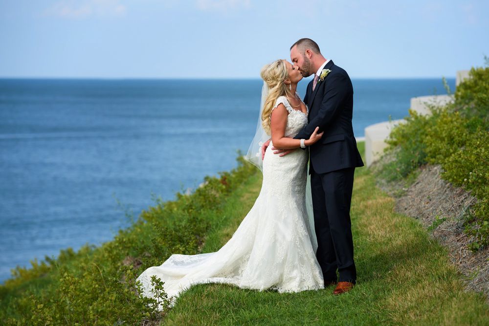 Bride and groom on Solstice Steps in Lakewood, Ohio.