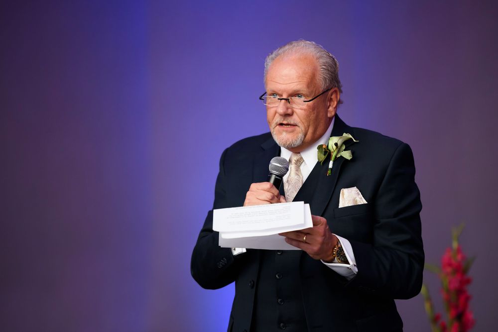 Father of bride gives speech during wedding reception at Emerald Event Center in Cleveland, Ohio.