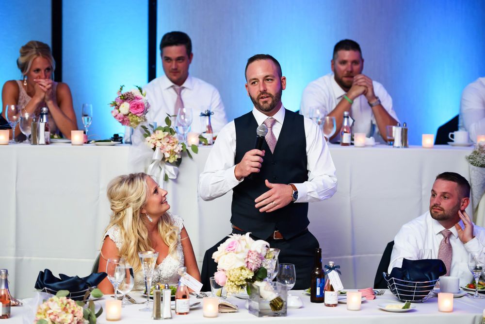 Grooms thanks guests during wedding reception at Emerald Event Center in Cleveland, Ohio.
