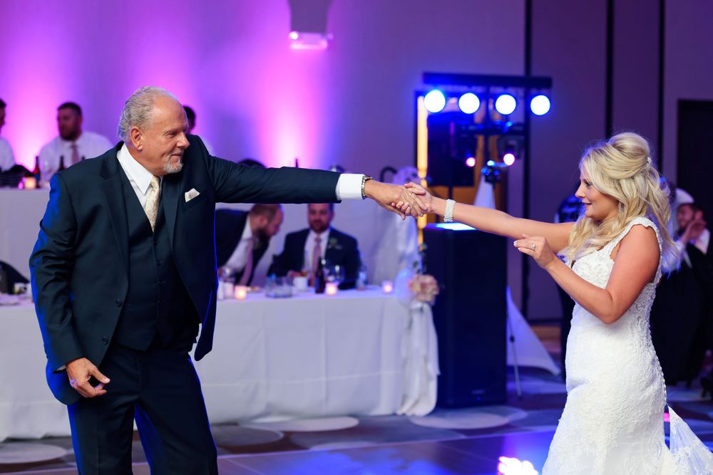 Bride and her father on dance floor during wedding reception at Emerald Event Center in Cleveland, Ohio.