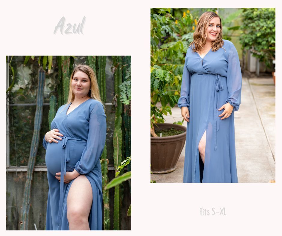 Soft blue maternity dress with button details and side slit in garden setting.