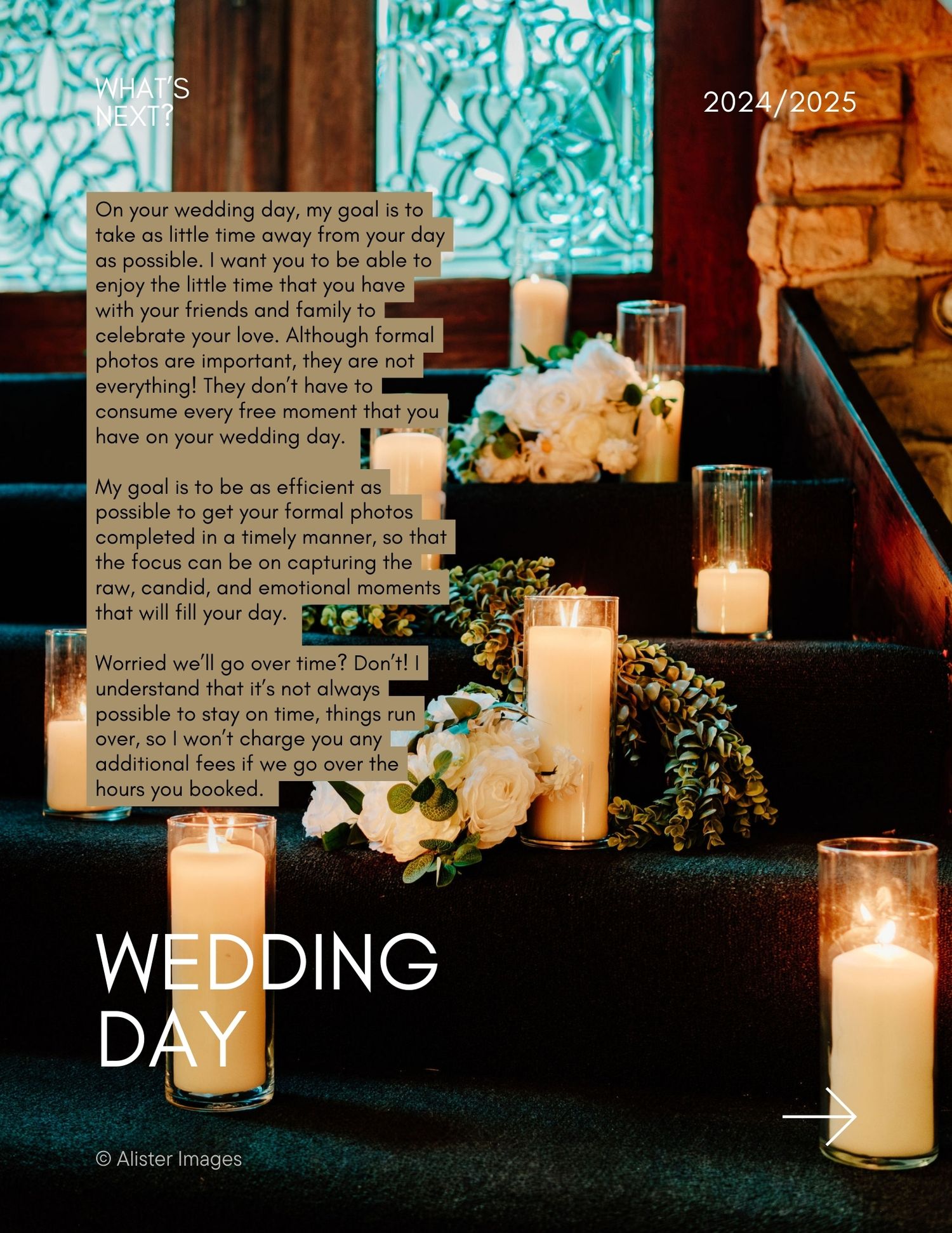 Wedding day information page showing decorated venue steps with candles and white floral arrangements.