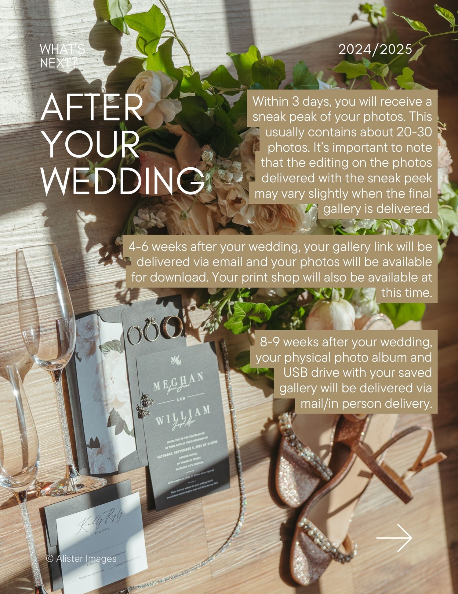 After wedding guide showing wedding invitation and detail items with information about photo delivery.