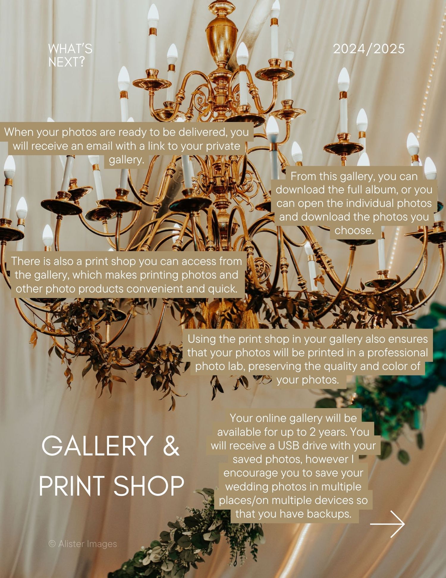 Elegant gold chandelier with crystal accents and greenery displayed against a white backdrop with gallery and print shop information.