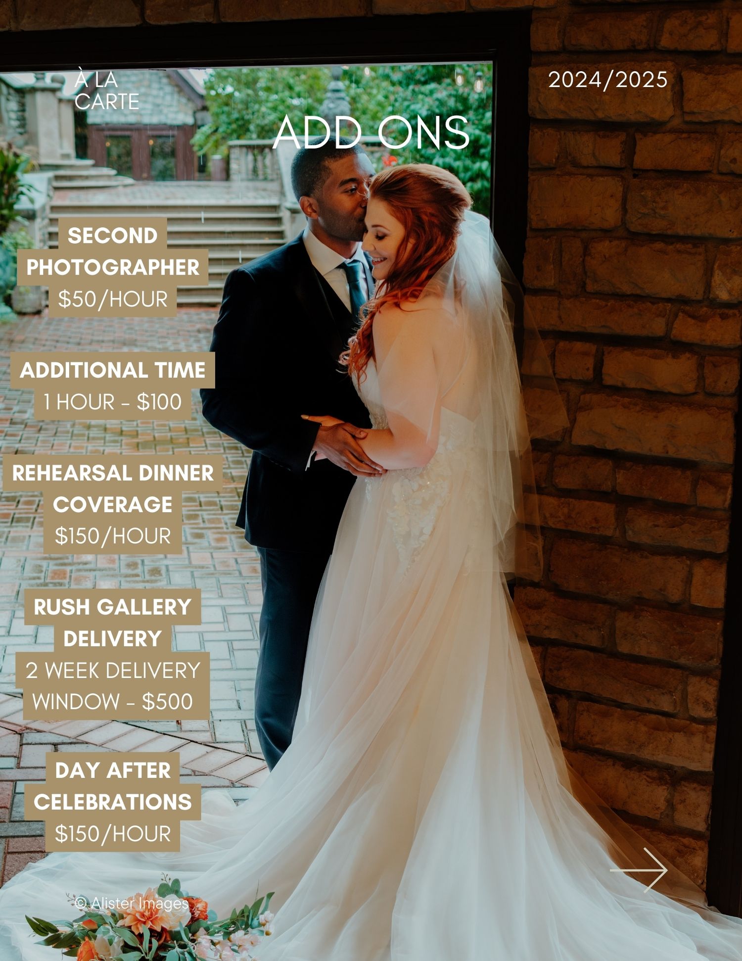Pricing information overlay displaying wedding photography add-on services and package details.