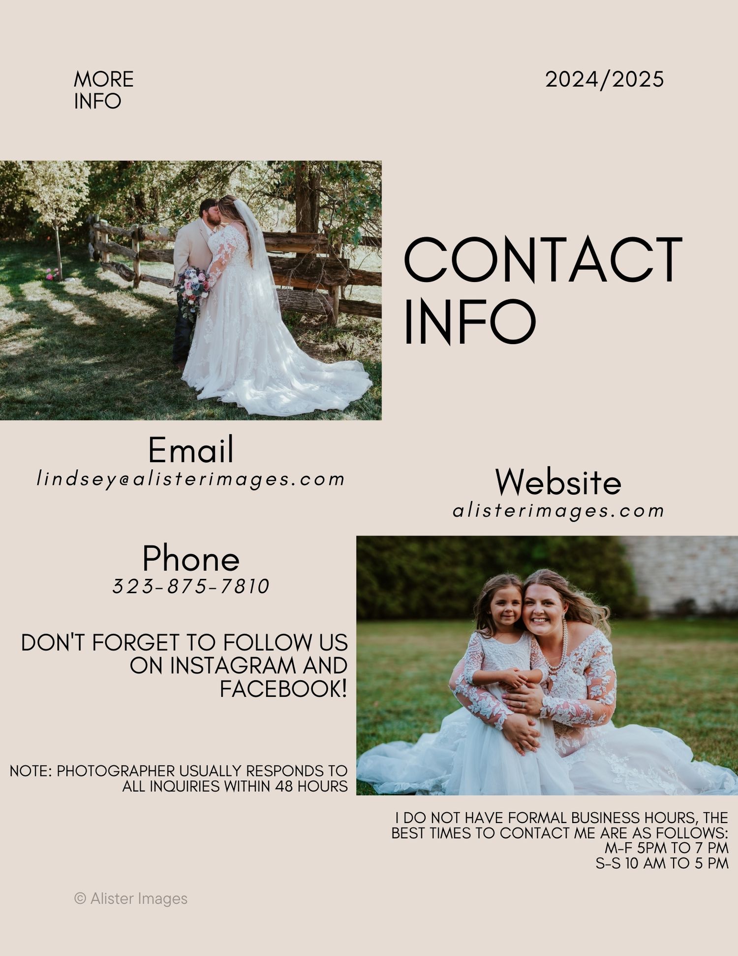 Contact information page for wedding photography services with outdoor photo examples.