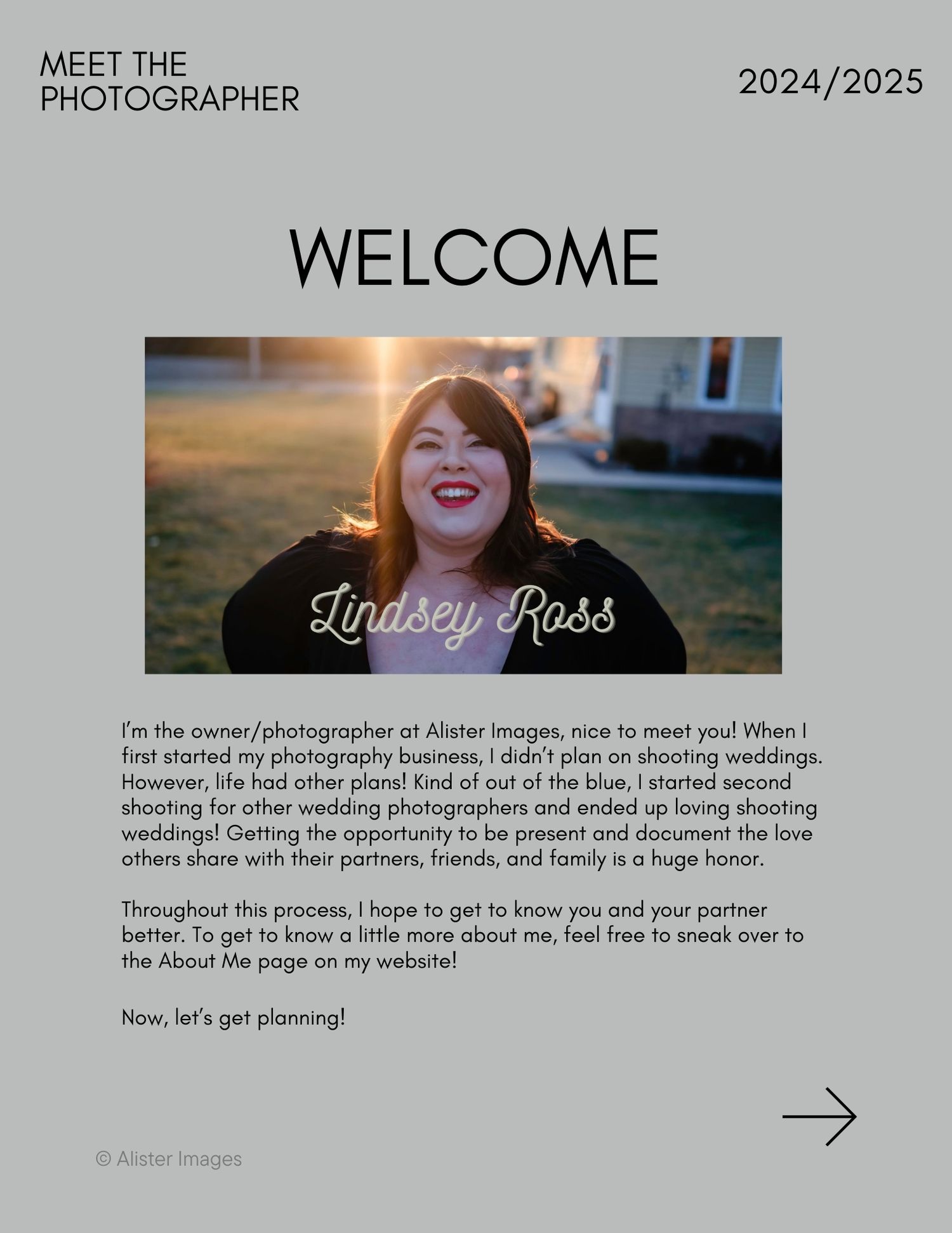 A professional welcome guide page for wedding photography services.