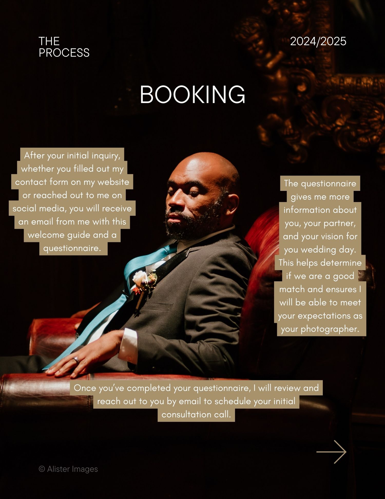 Professional booking guide page with text overlay explaining the photography booking process against dark background.