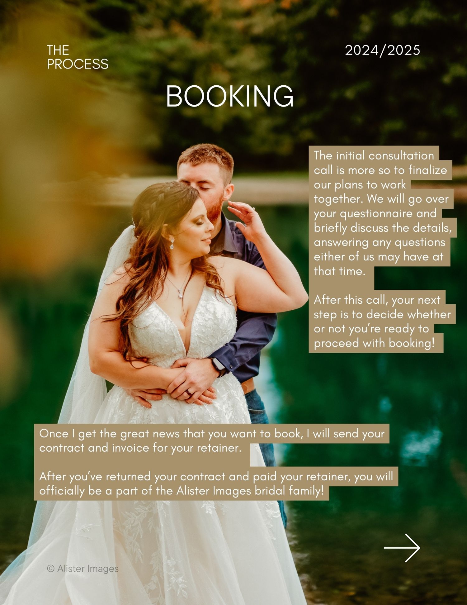 Wedding photography booking page showing couple embracing outdoors in golden light.