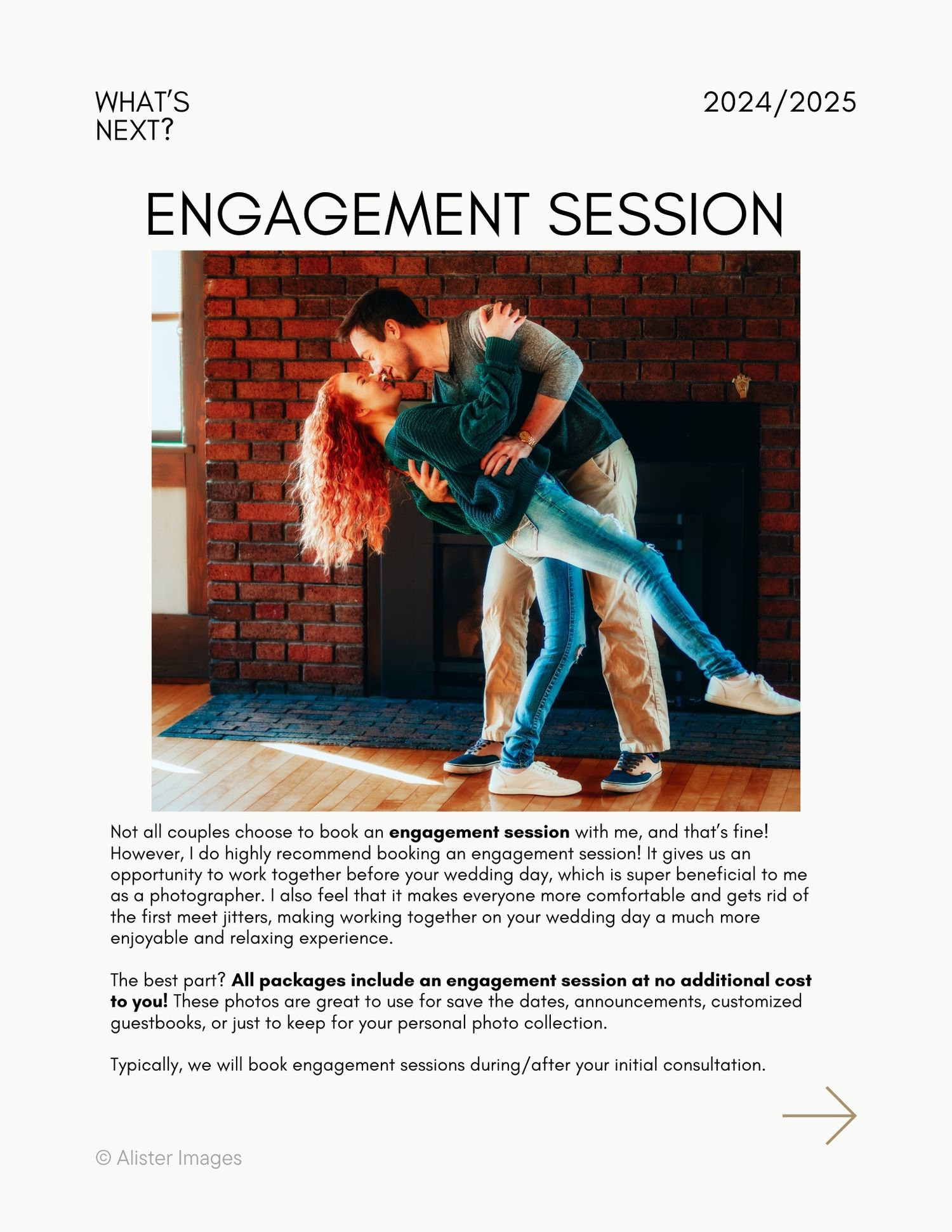 Engagement session information page showing couple in casual pose against brick wall.