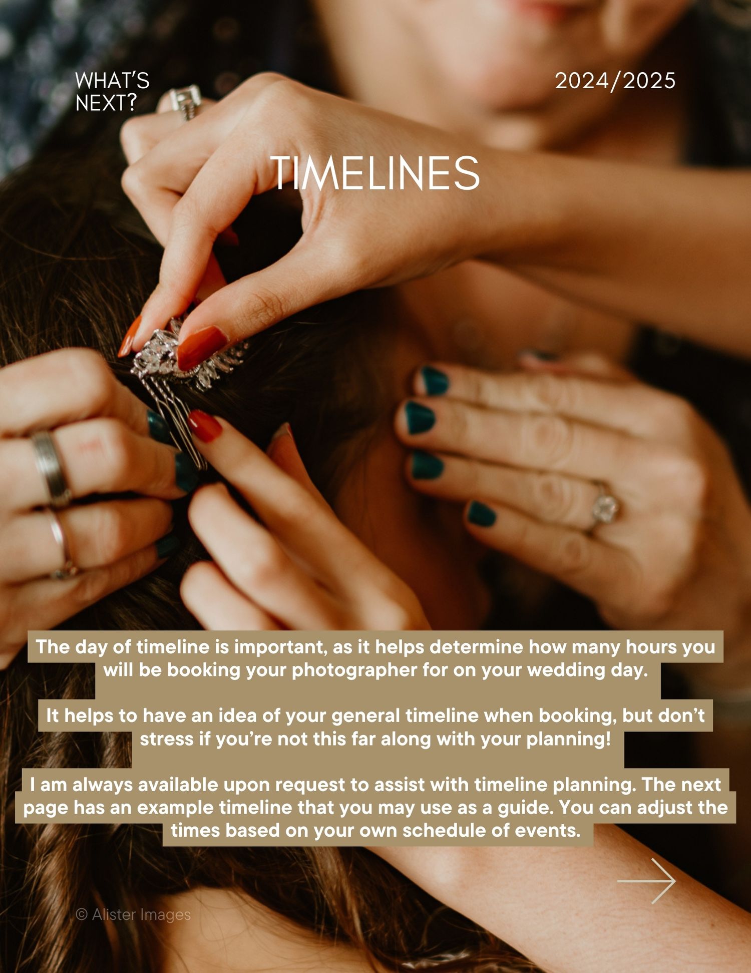 Close-up of hands with painted nails holding engagement ring with text about wedding timelines.