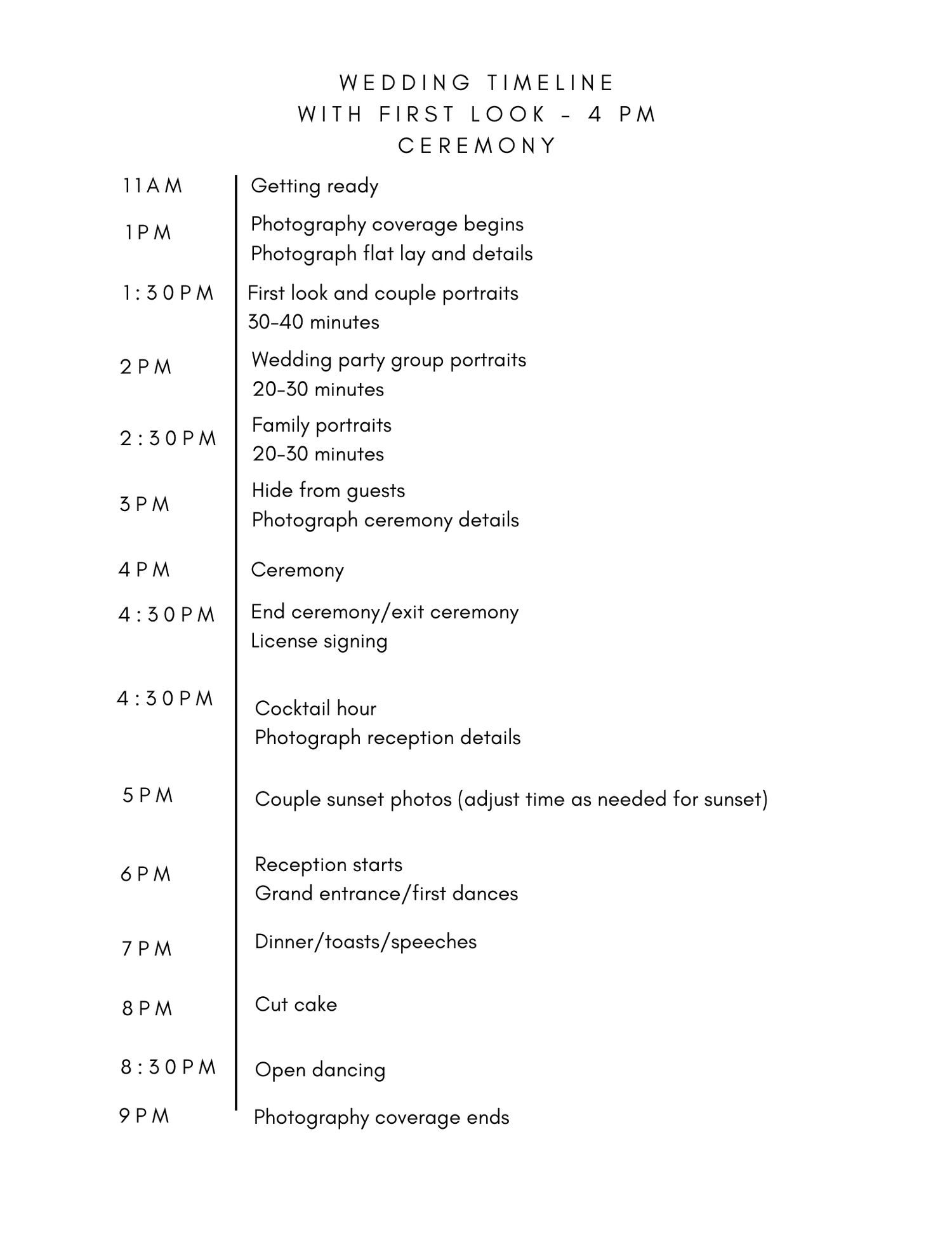 Detailed wedding day timeline schedule showing photography coverage from morning preparation through reception.