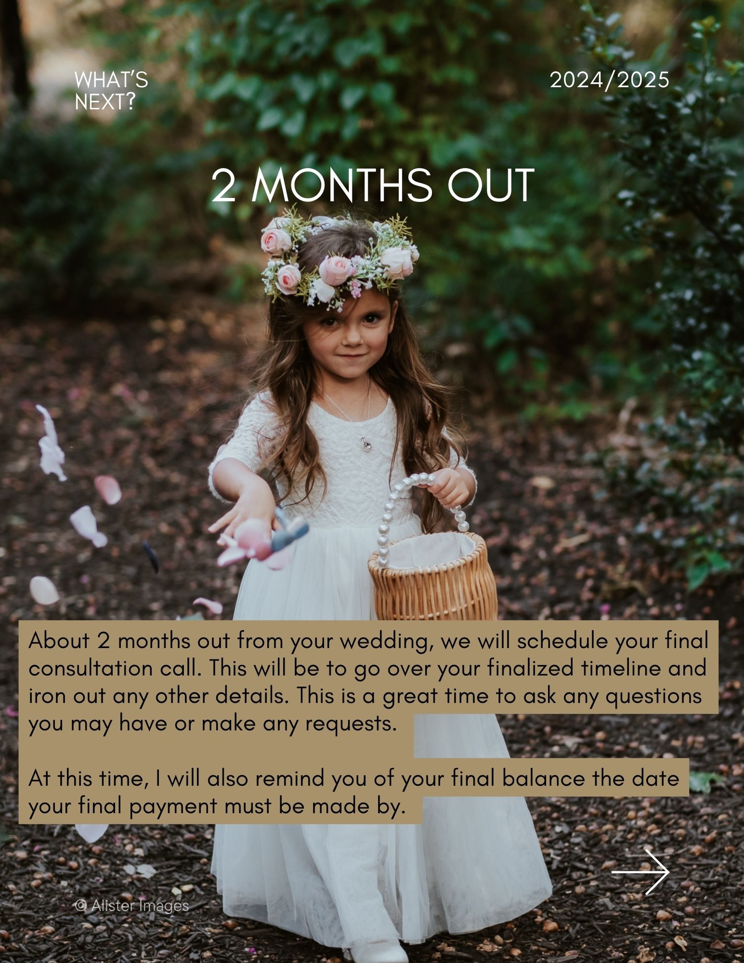 Two month wedding countdown page featuring girl in white dress with flower crown.