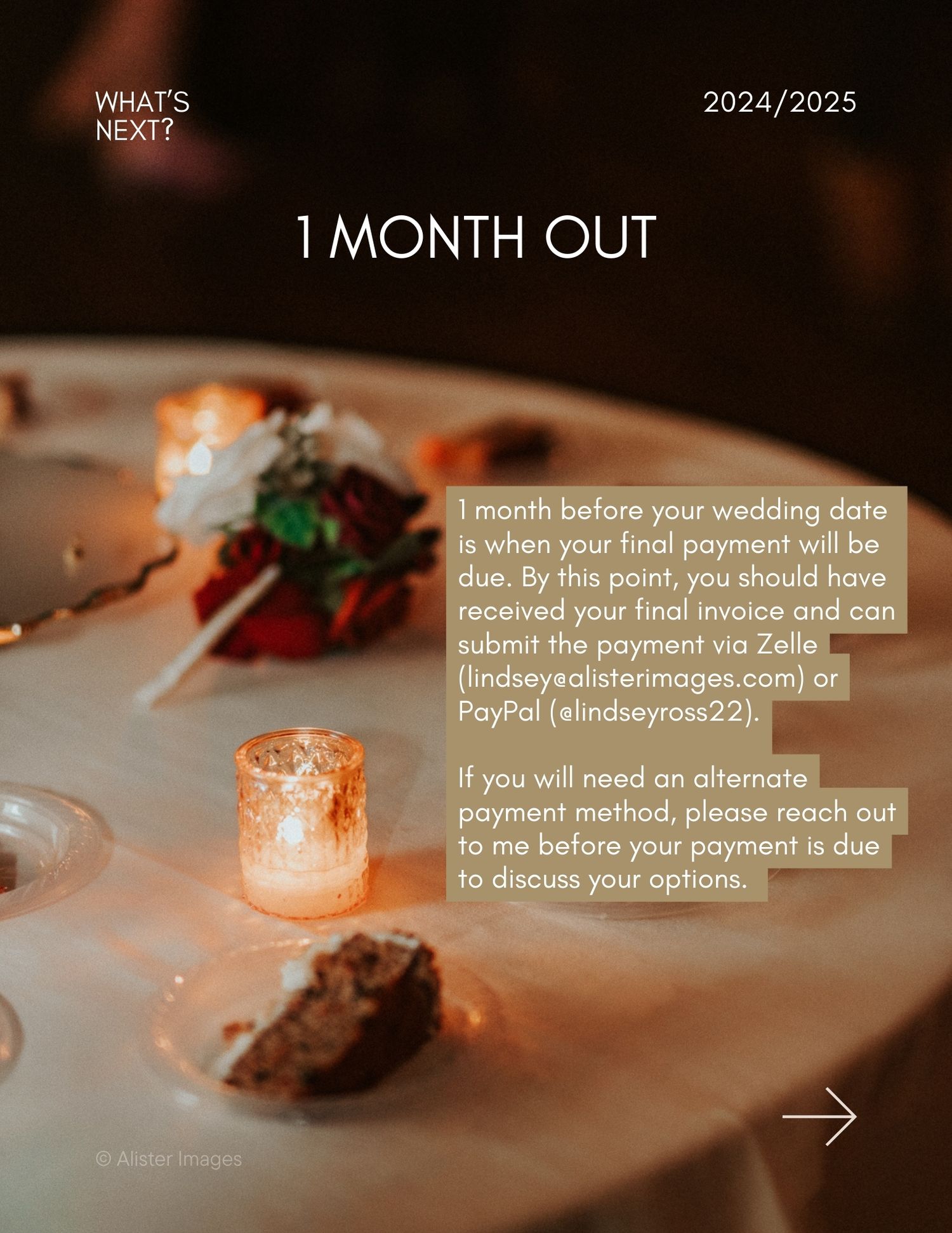 Wedding planning page about final payment showing elegant table setting with candlelight.