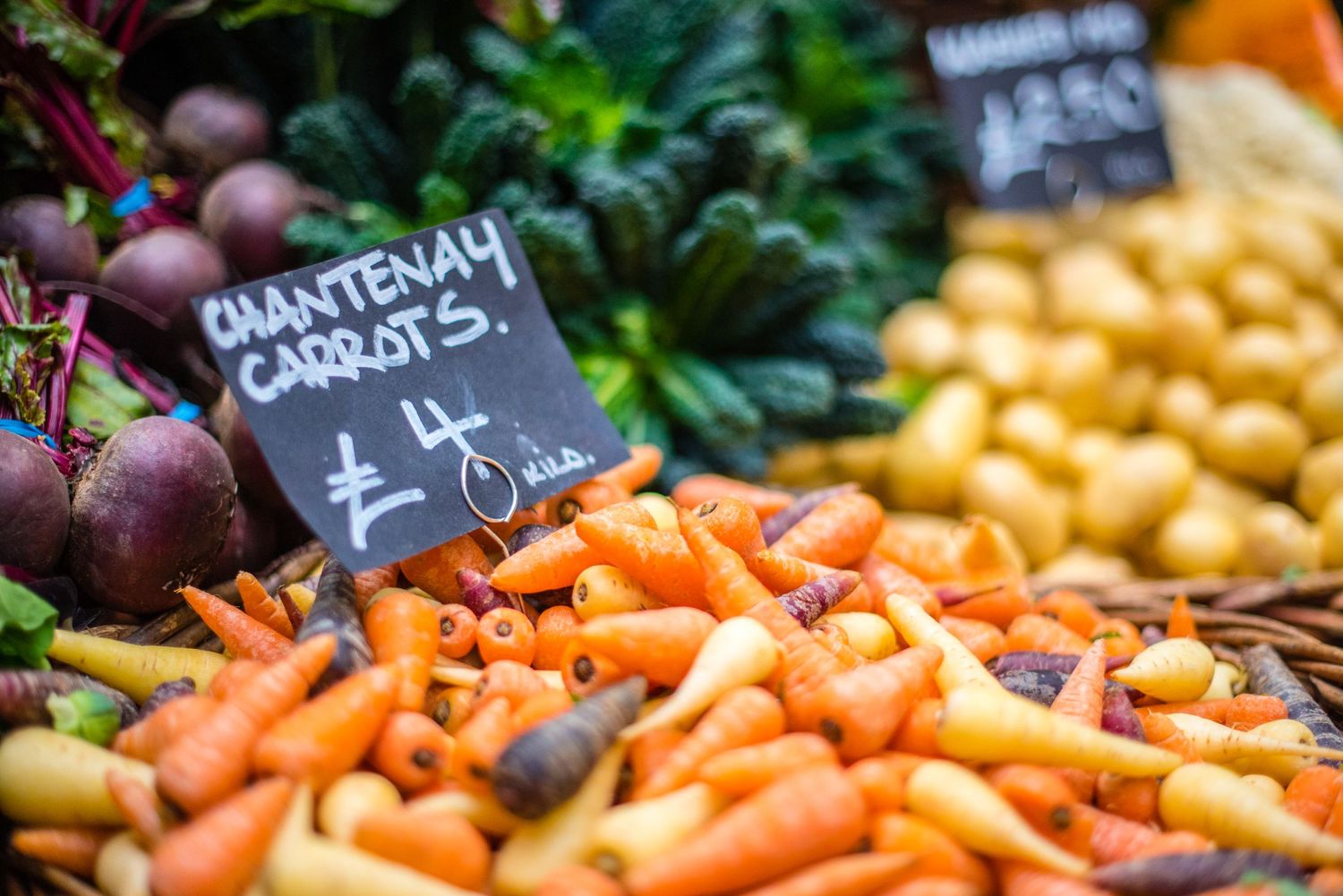 Chantenay carrots, beets, and potato display at  Borough Market