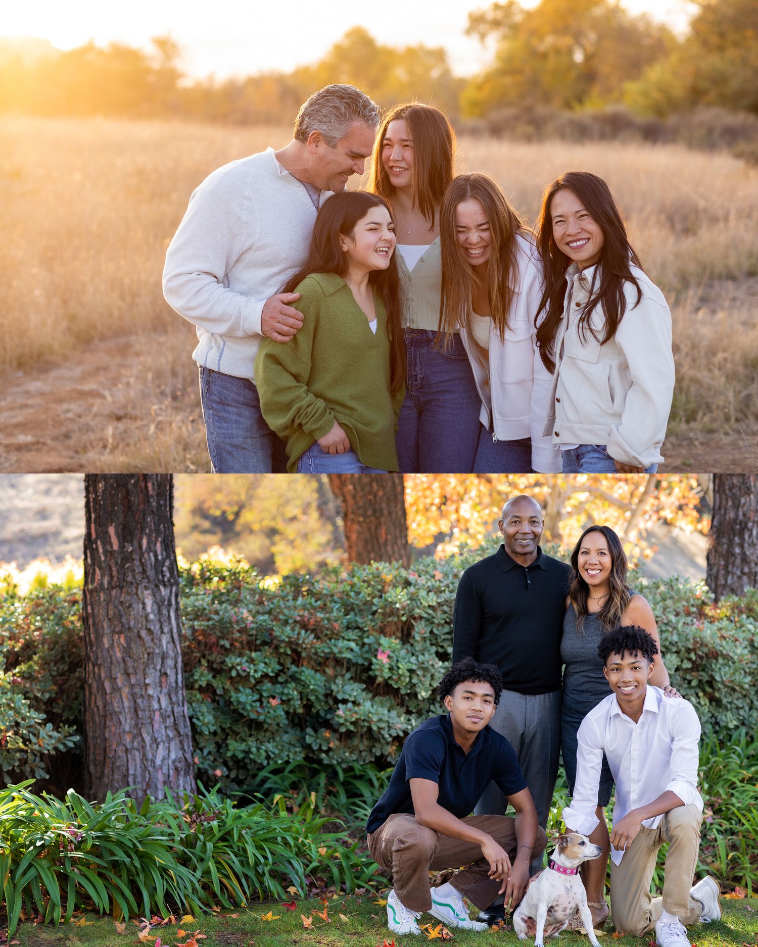Candid family photos showing warm moments together outdoors at golden hour.