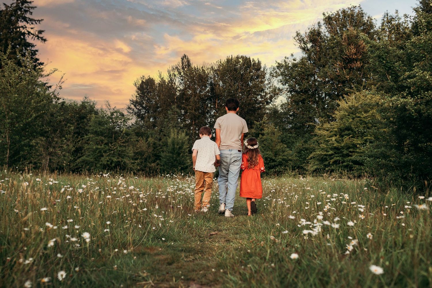 Daisy field with kids at sunset