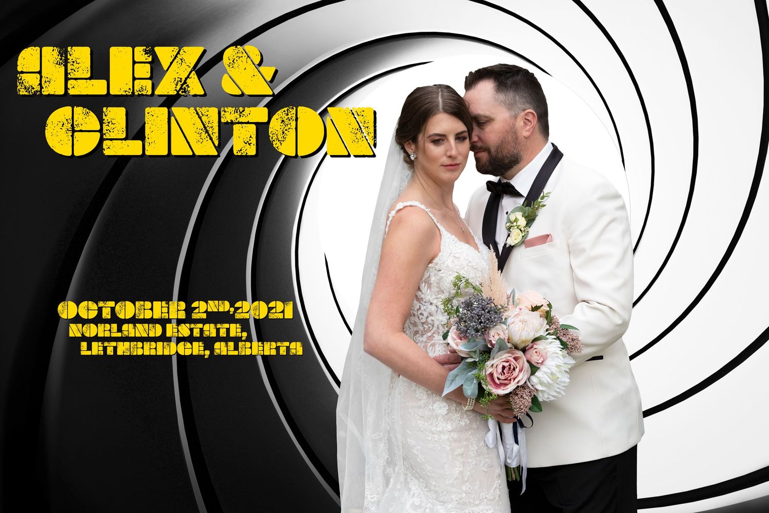 James Bond themed wedding announcement design with circular vignette frame.