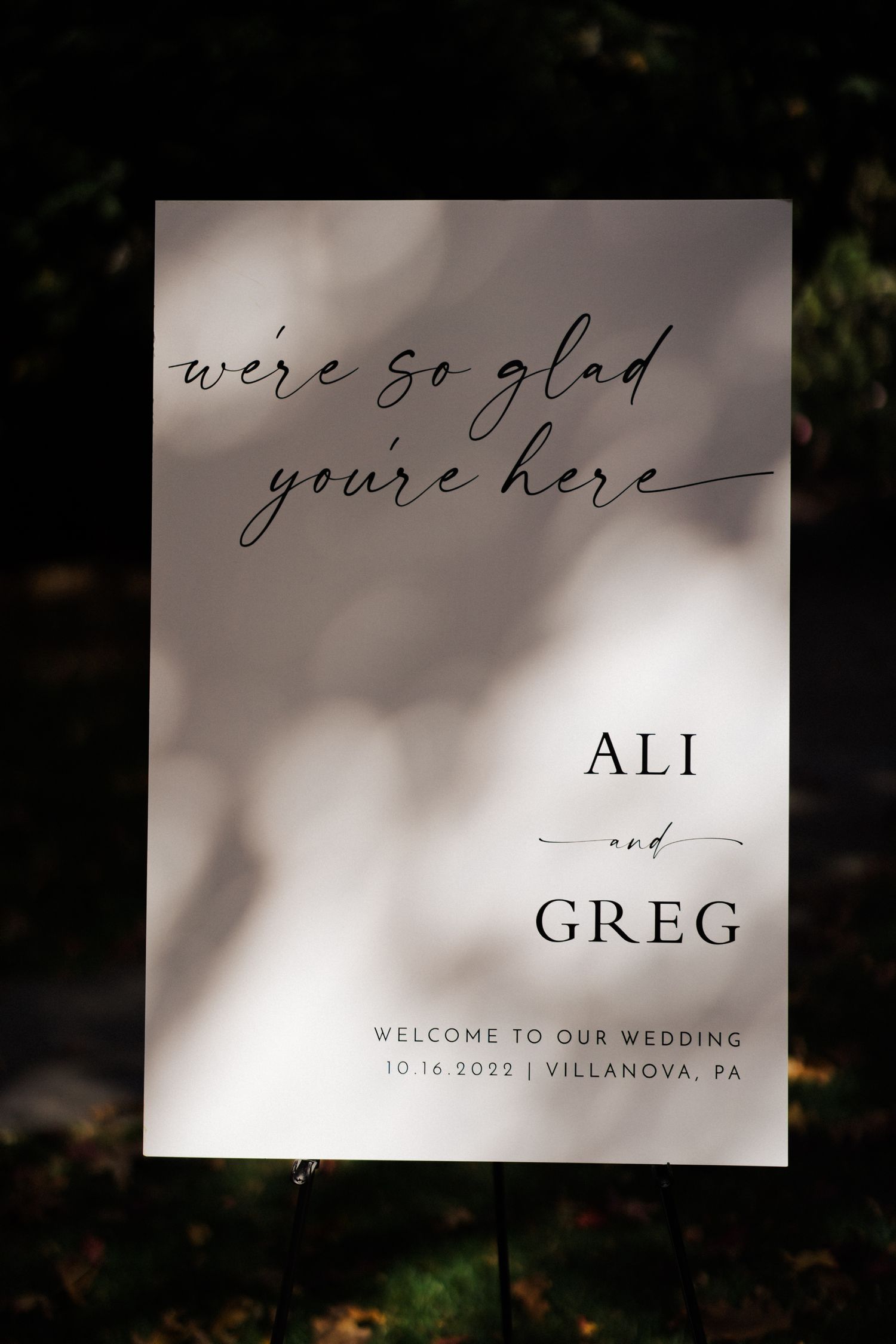 Elegant wedding welcome sign with script text reading 'We're so glad you're here' for Ali and Greg's celebration.