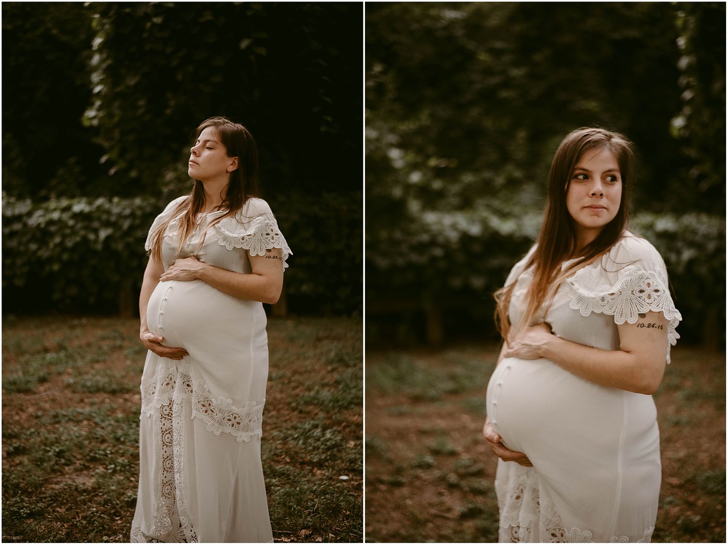 Side-by-side maternity portraits showing pregnant woman in white lace dress against natural backdrop.