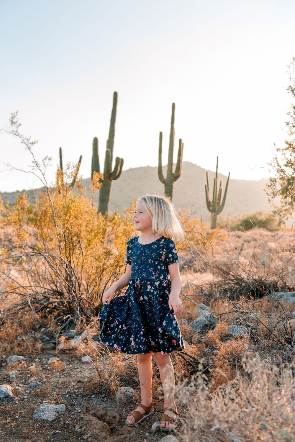 Desert scene with navy polka dot dress visible among saguaro cacti at sunset.