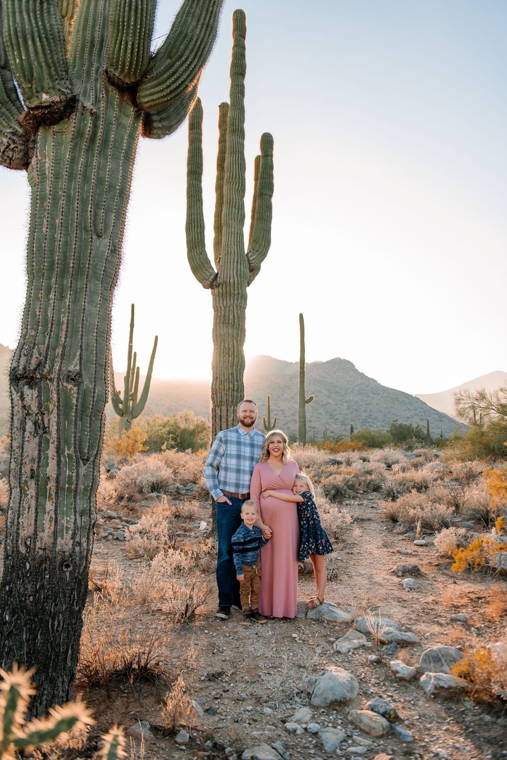 Couple poses among giant saguaro cacti in the Arizona desert during golden hour.