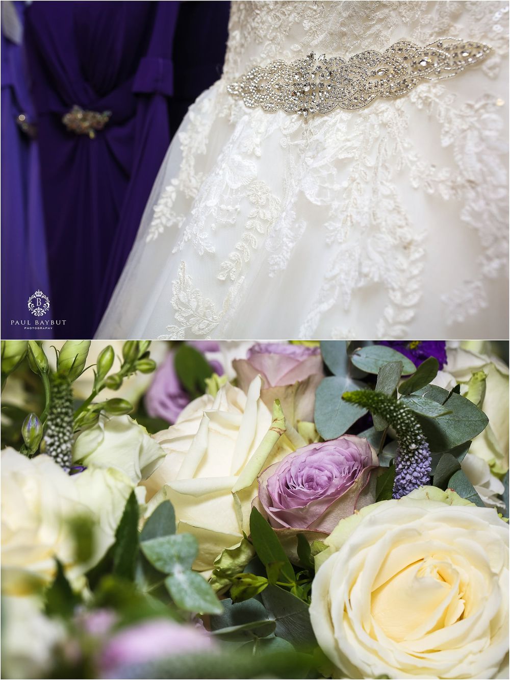 Wedding dress detail with beaded embellishment and purple accent, paired with cream and lavender roses.