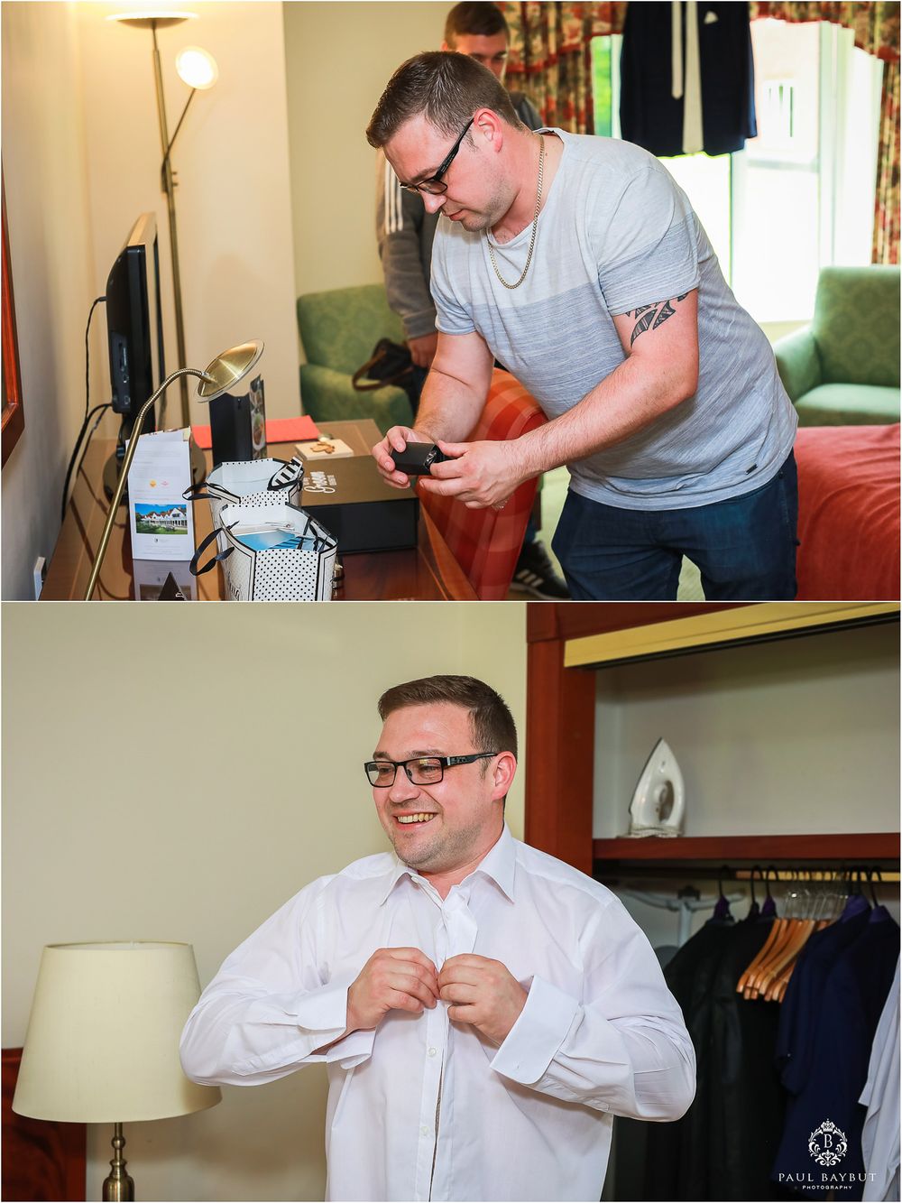 A man in a grey t-shirt and glasses gets ready while buttoning up a white dress shirt.