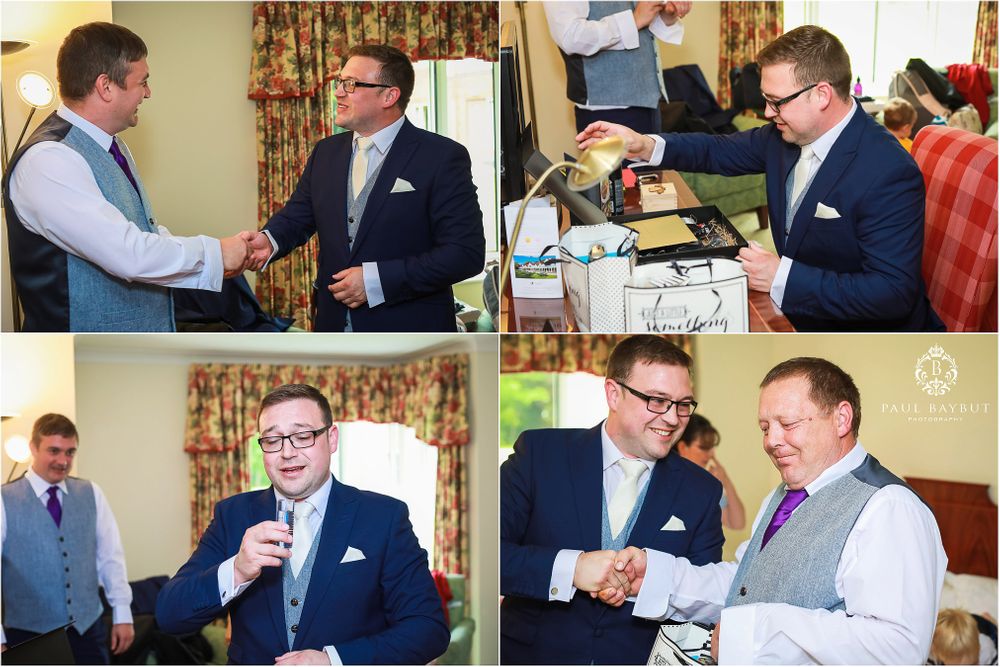 Four candid shots showing preparation moments at a formal event.