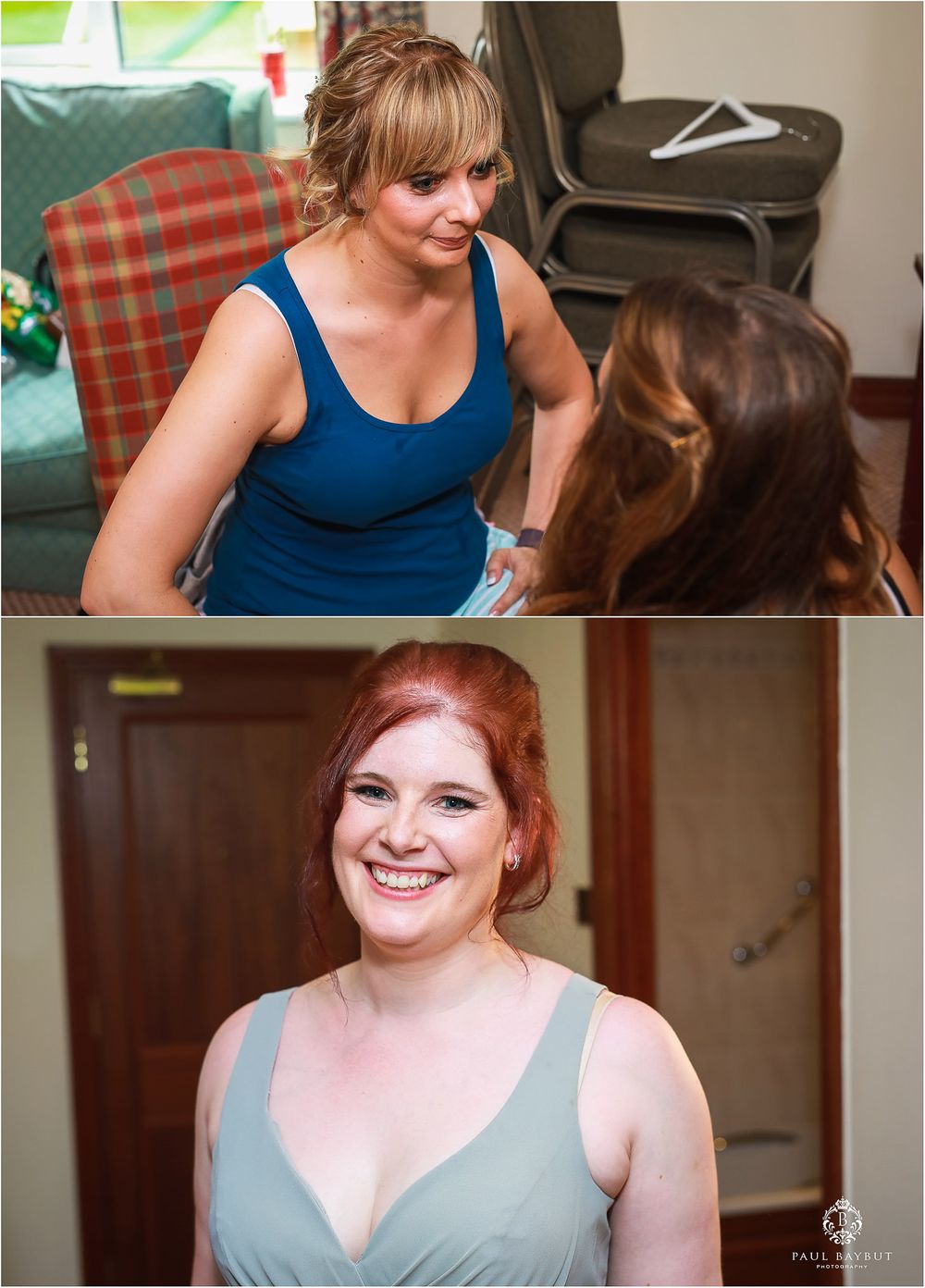 Two women having an intimate conversation in a casual indoor setting with a green background.