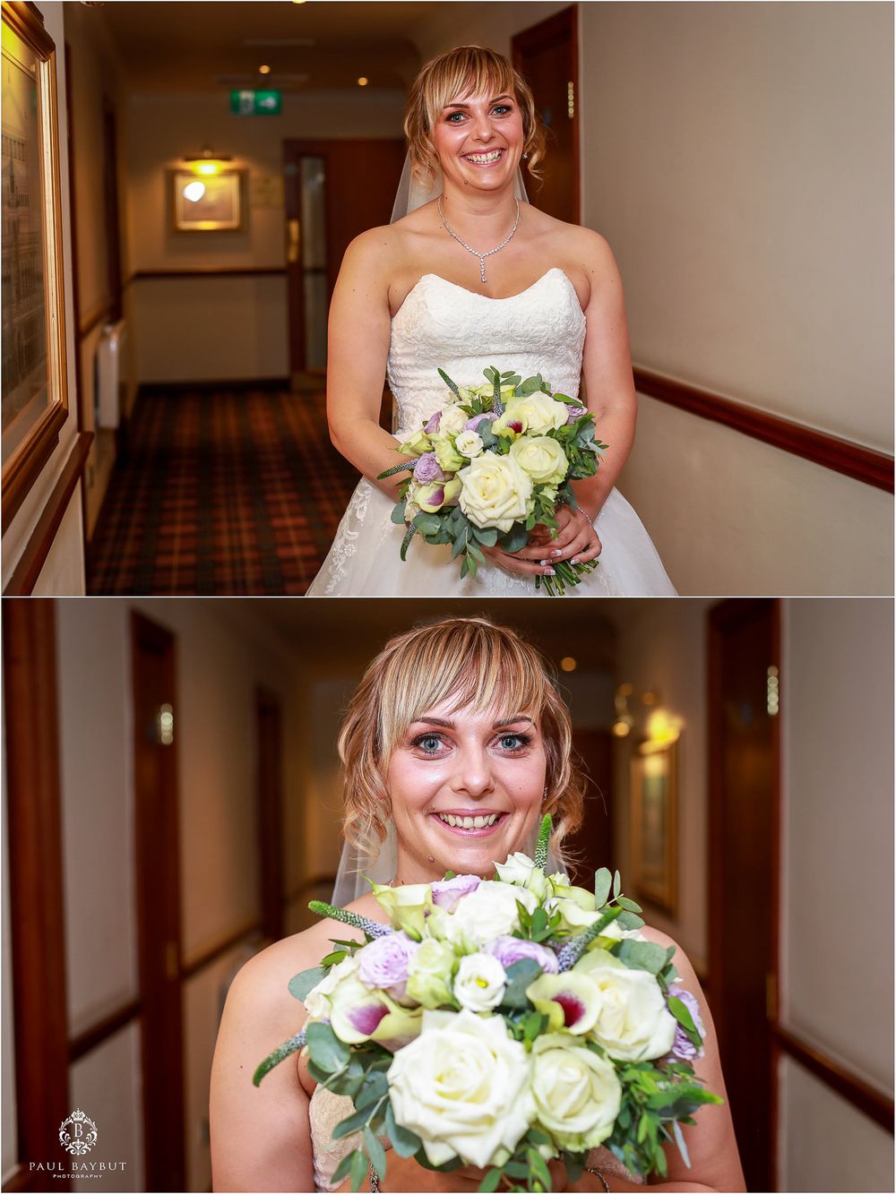 Bride in white strapless gown holding a beautiful bouquet of white and green flowers.