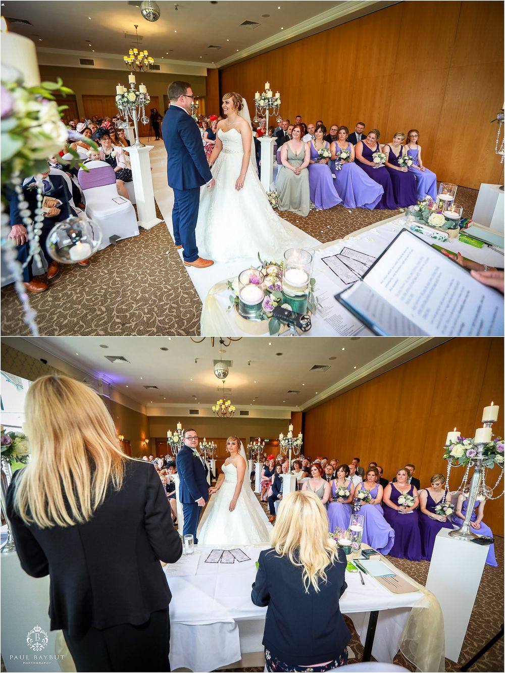 Wedding ceremony in an elegant banquet hall with bridesmaids in purple dresses and decorative candelabras.