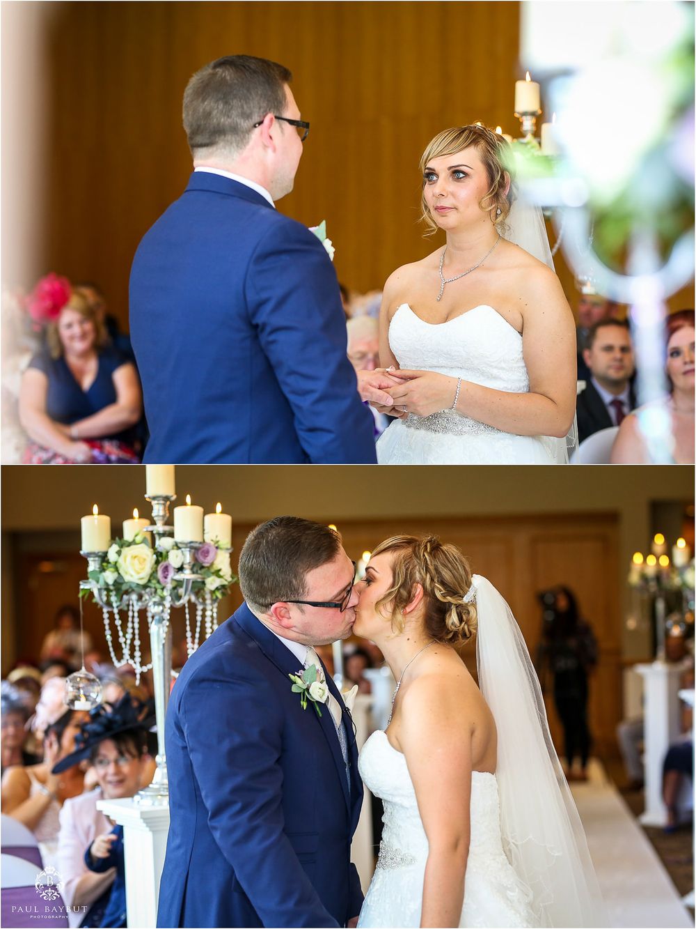 Intimate wedding ceremony moment with ornate candelabras adorning the venue.