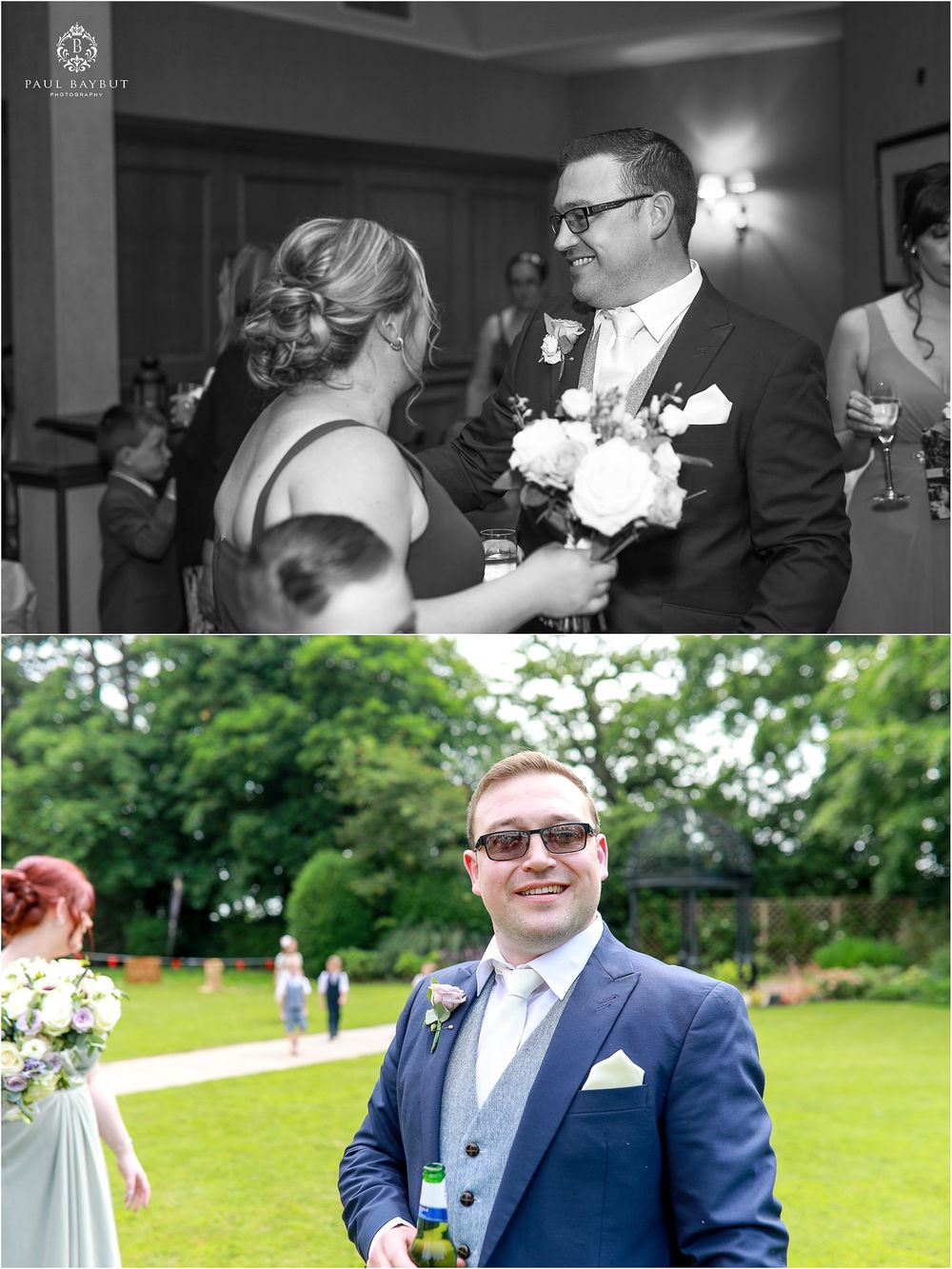 Wedding portraits in formal attire captured indoors and in garden setting.