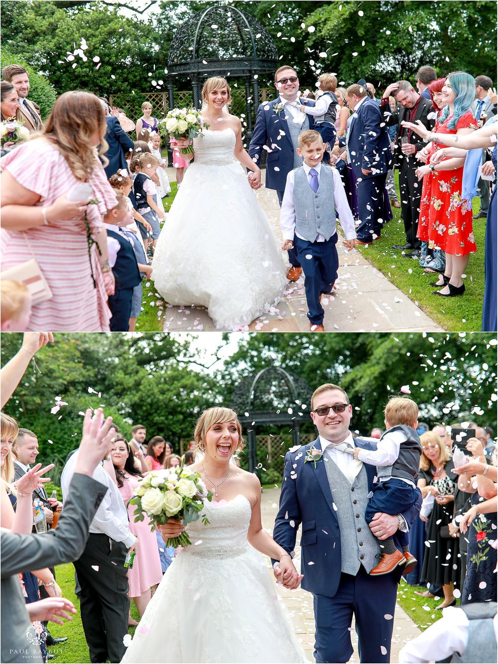 Joyful wedding exit with guests throwing confetti in garden setting.