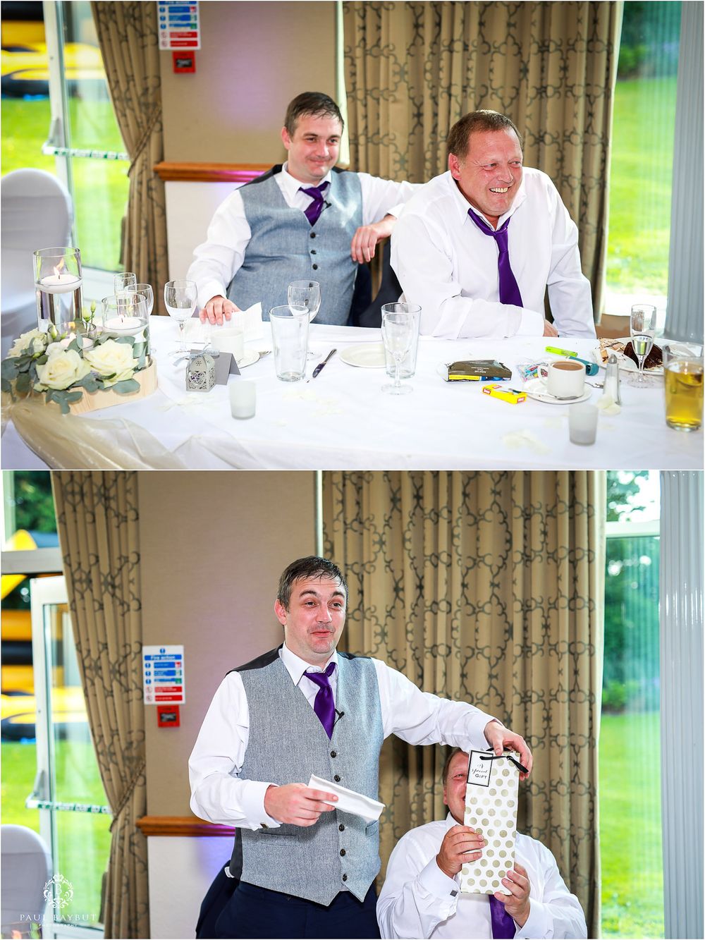 Wedding reception speech moments captured at head table showing reactions during toasts.