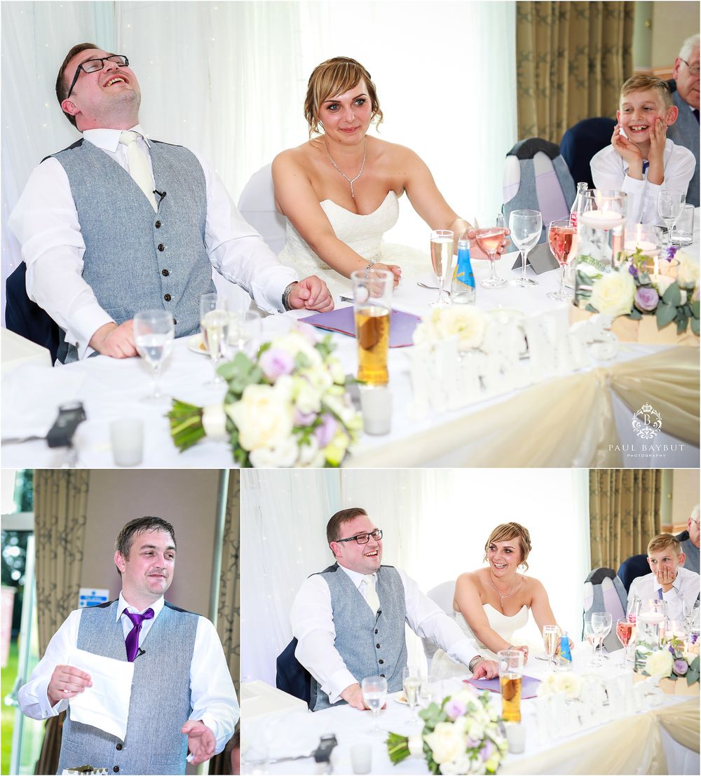 Candid moments during wedding reception speeches showing reactions at the head table.
