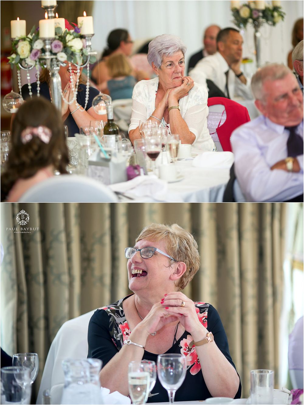Wedding guests enjoying a formal reception dinner with elegant candelabras and wine glasses on white tablecloths.